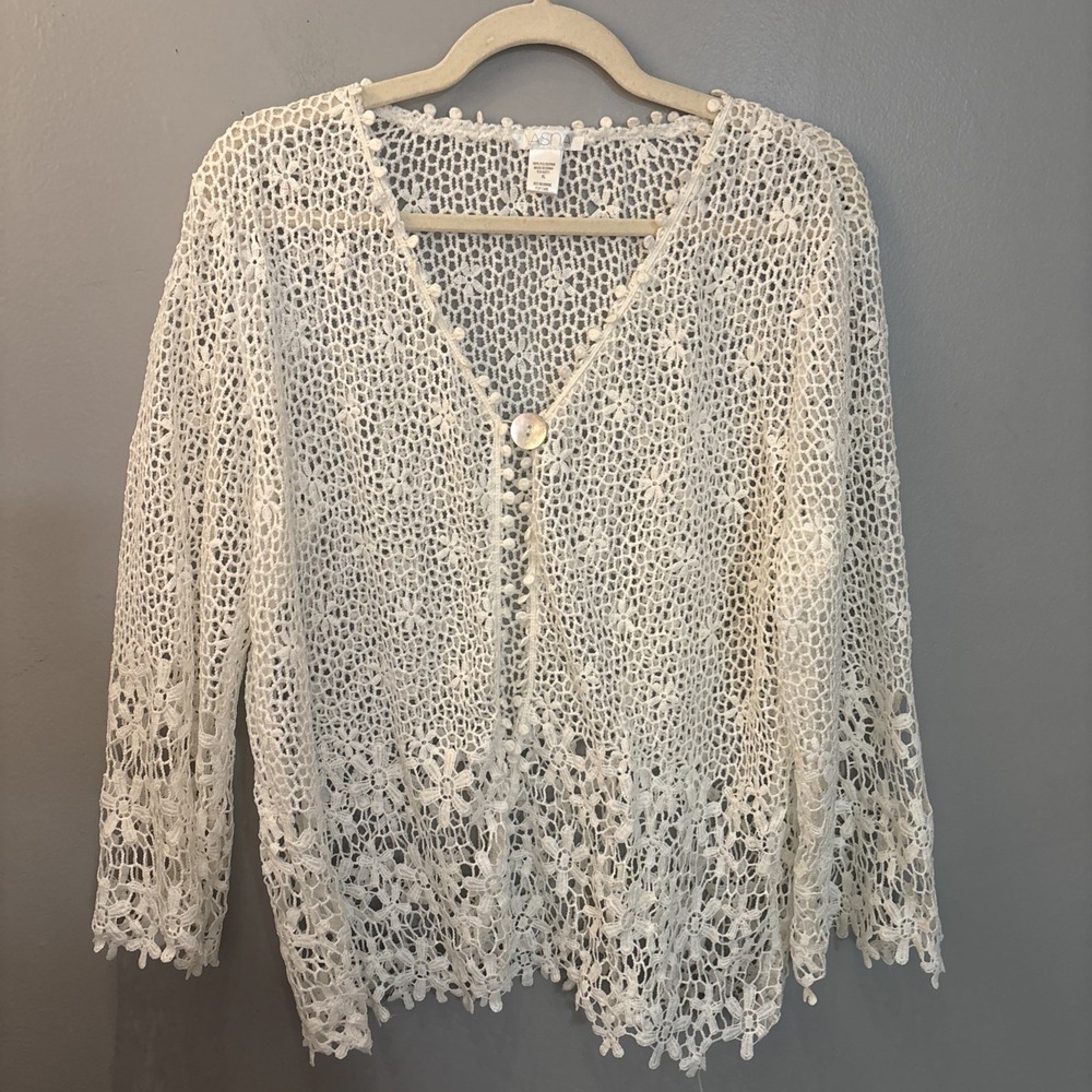 Women's White Open Knit Floral Crochet Cardigan One Button 3/4 Sleeve Size XL